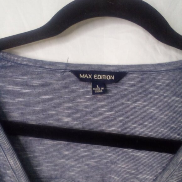 Max Edition Blouse L Short Sleeve Button Front Tie Hem V-Neck Blue - Picture 9 of 14